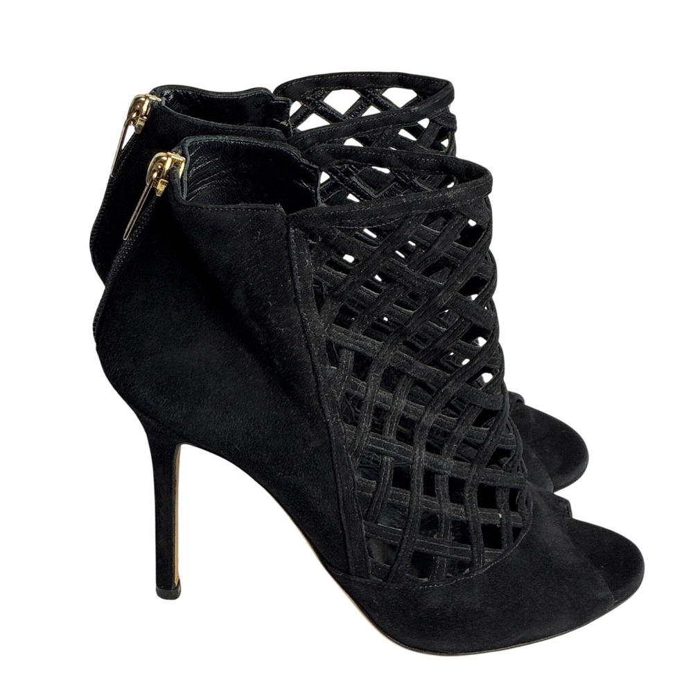 Jimmy Choo Freya 100 Black Suede Lattice Cage Peep Toe Booties Heels 37.5